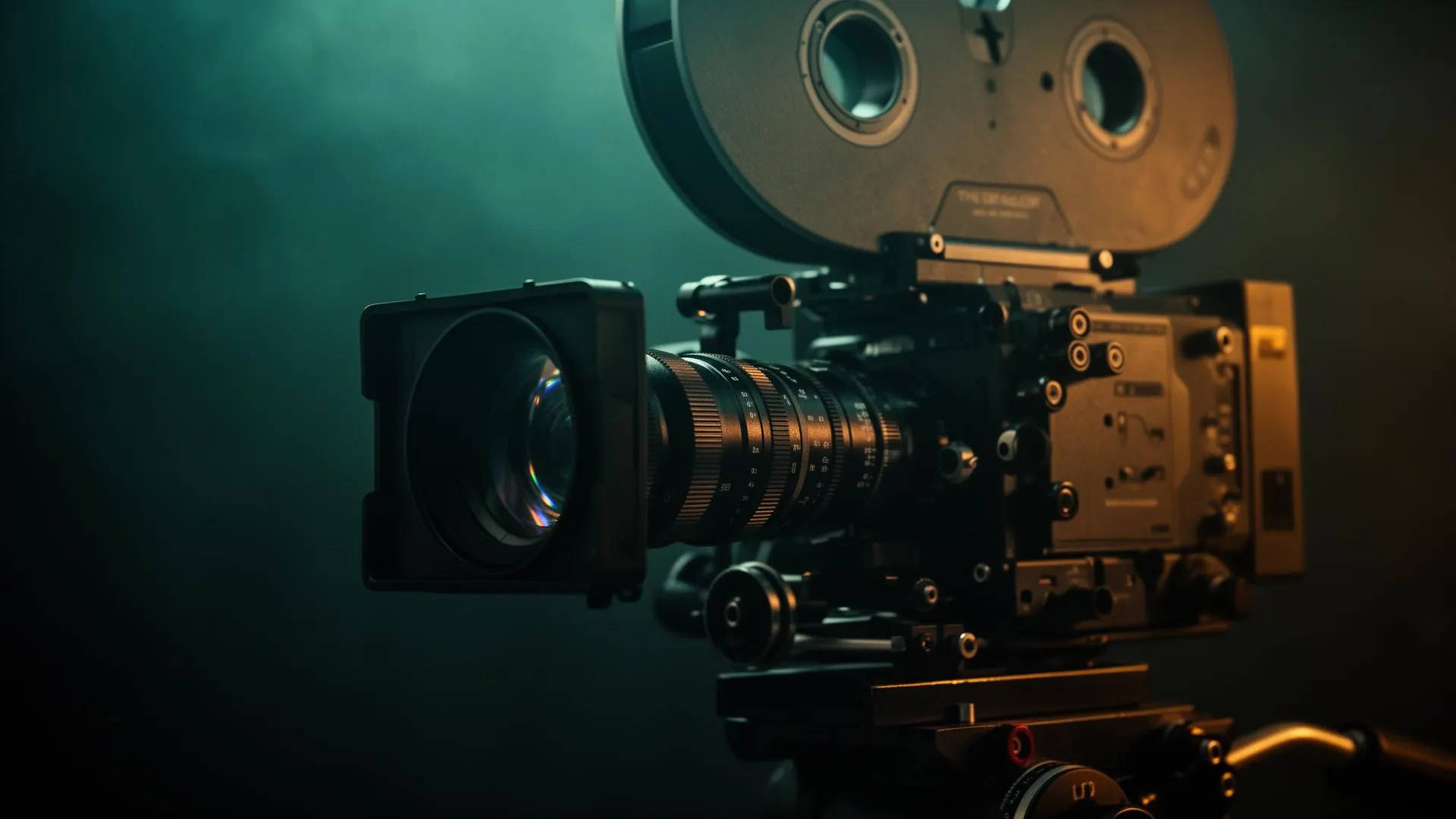Cinema camera with anamorphic lens lit in teal and amber